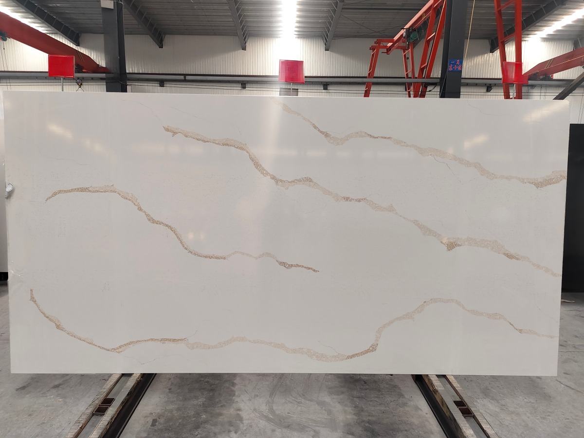 quartz waterfall island countertop with gold veining large quartz slab 3200 x 1600 x 20 mm for kitchen project