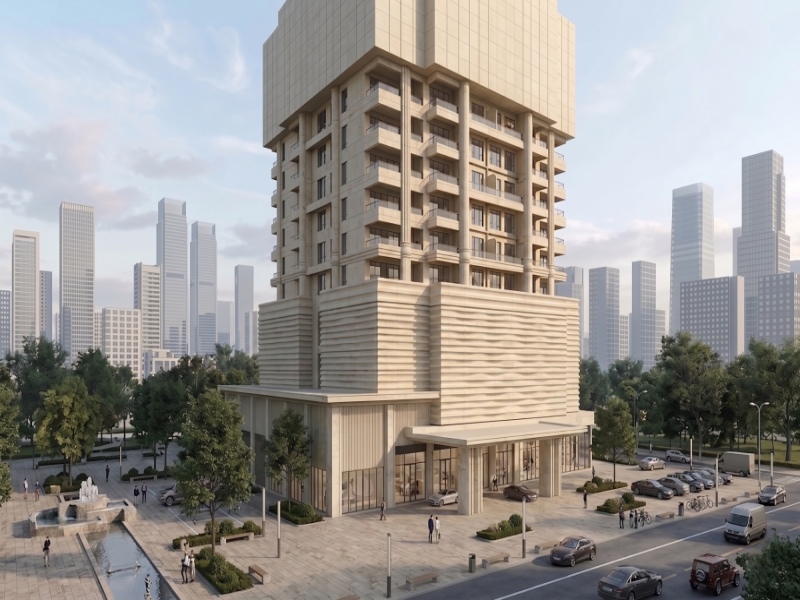 Moon Beige Limestone Facade Project with Custom Profiles and Curved Column Cladding