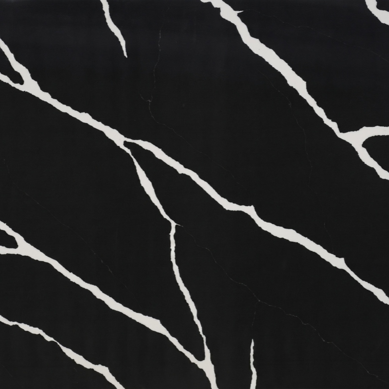 Marquina Black Quartz full slab with deep black base white vein