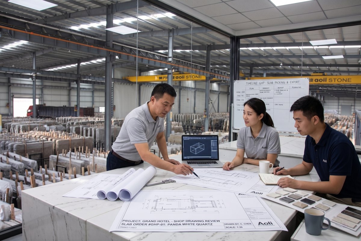 Detailed project shop drawings checked for cut-to-size stone accuracy