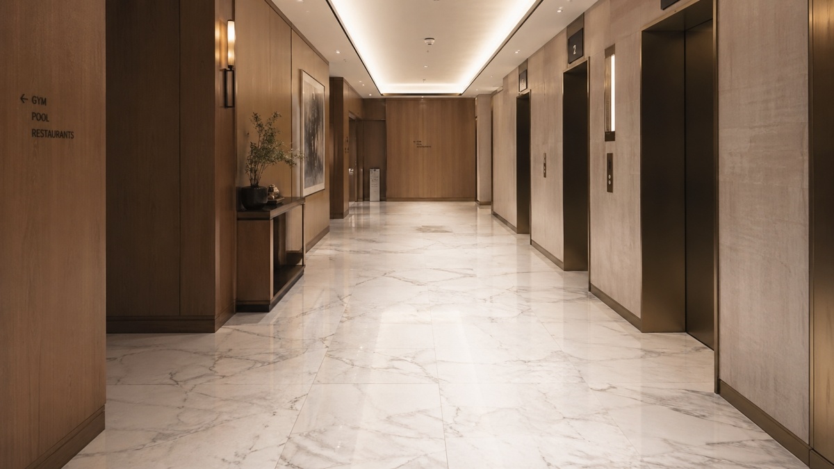 Natural marble flooring in a hotel corridor or elevator hall aoli stone