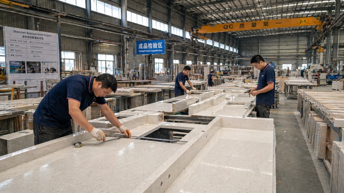 Factory team checking repeated stone pieces for hospitality project quality 