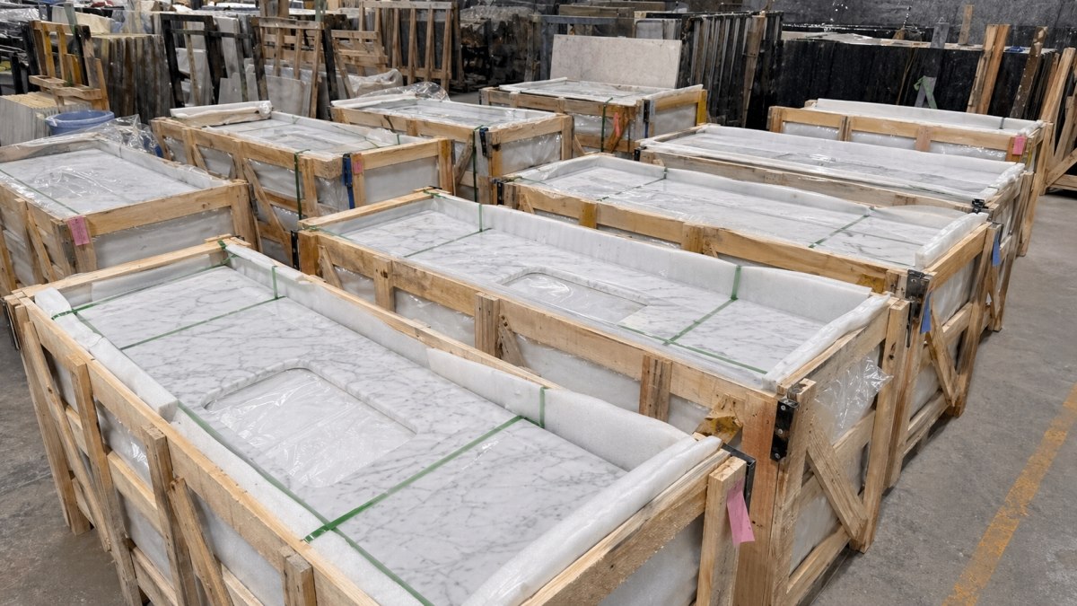 Hospitality project stone vanity tops arranged for quality inspection before packing