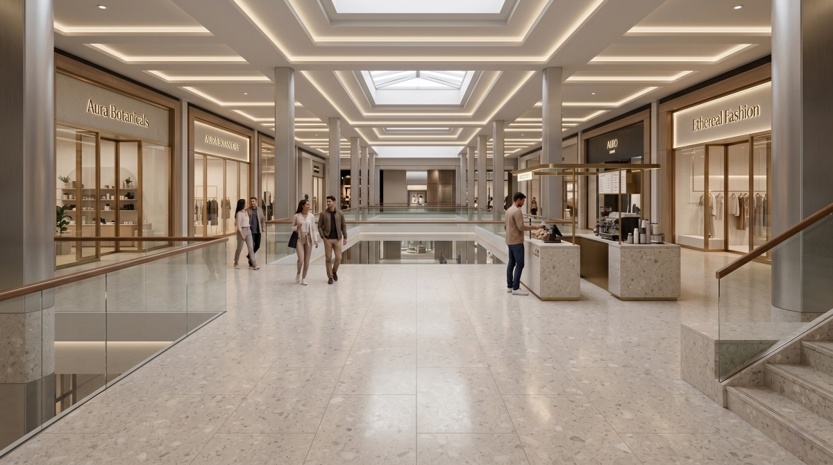 Artificial marble flooring applied in a public commercial space such as a mall or office lobby