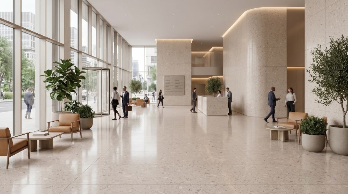 Hotel lobby floor finished with Rose Beige Artificial Marble for a warm and refined hospitality interior