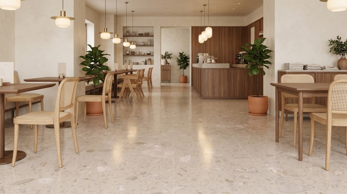Caf&eacute; interior using Rose Beige Artificial Marble flooring with warm neutral design and subtle stone texture
