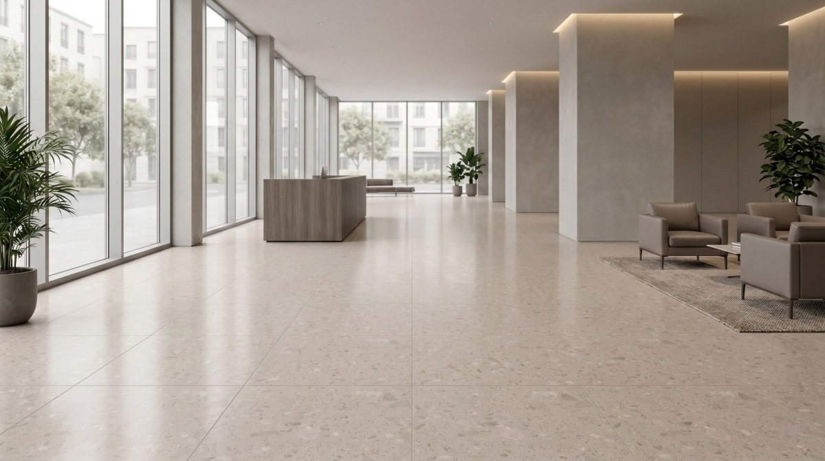 Finished public interior project with Rose Beige Artificial Marble flooring and calm commercial atmosphere