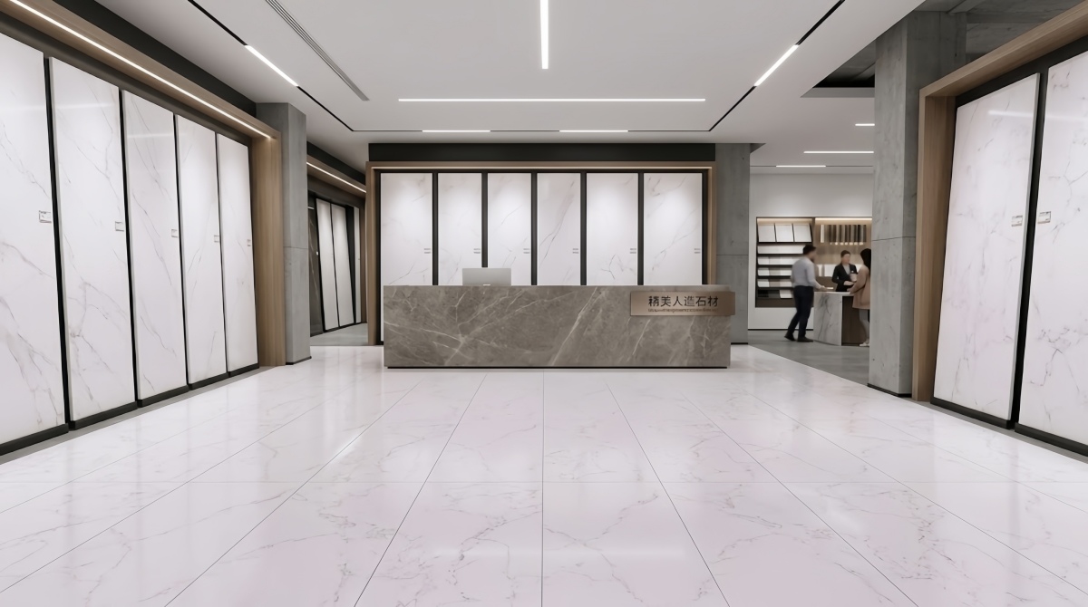 Artificial marble surface showing a controlled and repeatable pattern for commercial flooring