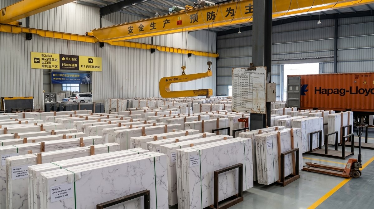 Artificial marble flooring pieces prepared and organized for a commercial project supply program