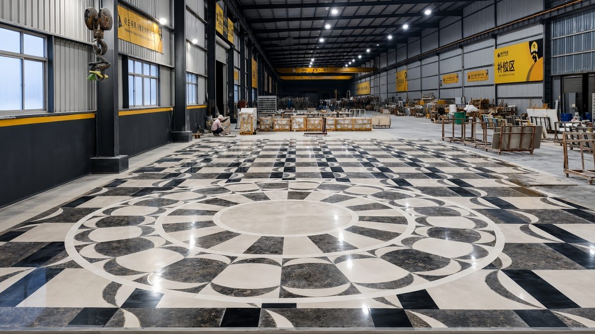 Polished marble flooring pieces checked during factory dry layout