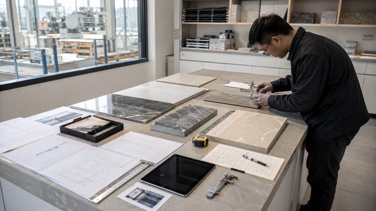 Stone quality control inspection table with samples drawings and measuring tools