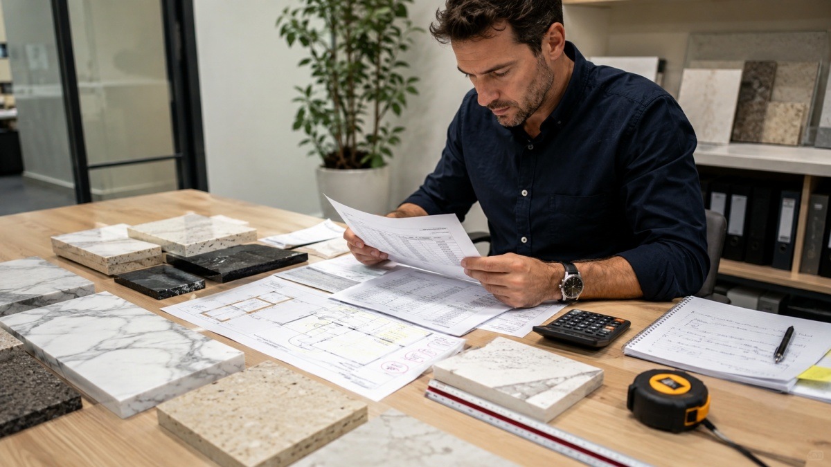 Stone buyer comparing quotation with samples drawings and project notes before ordering