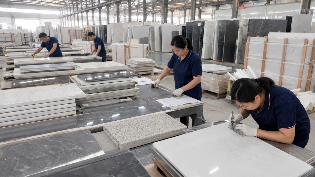 Factory inspection of cut-to-size stone pieces before packing for project supply