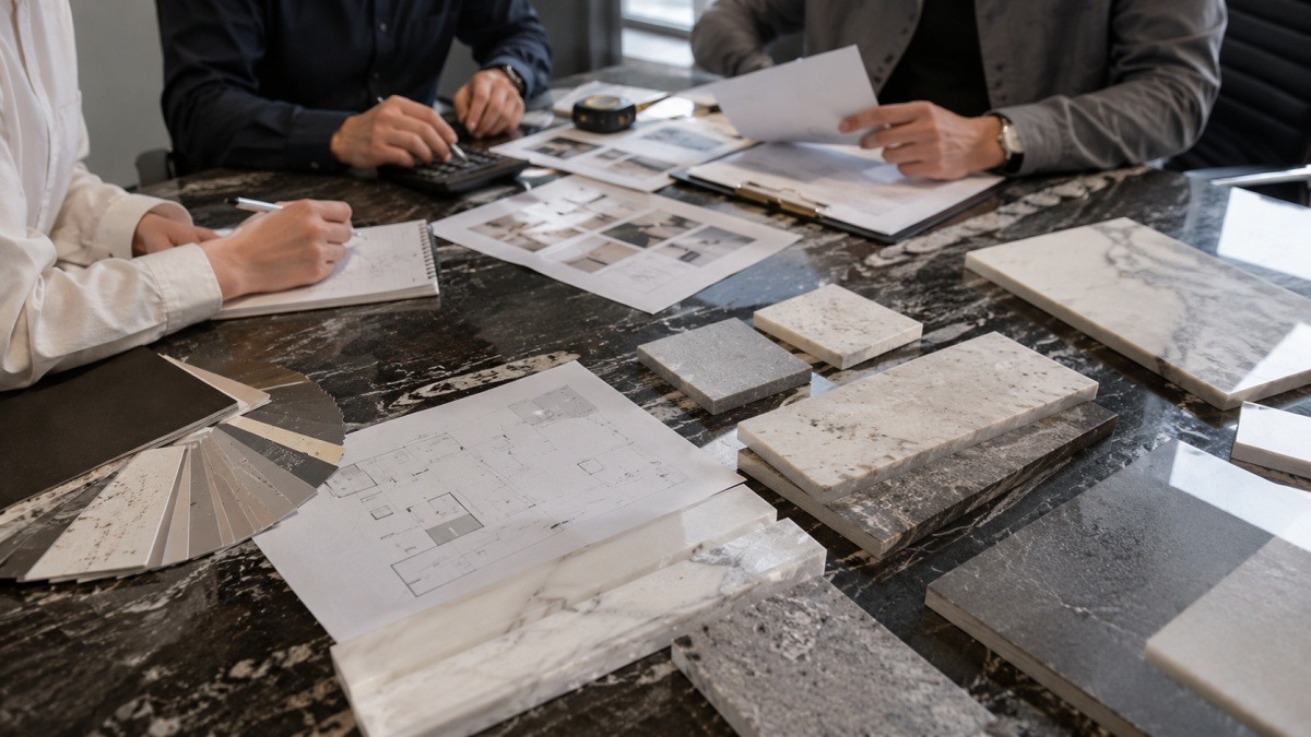 Project buyer reviewing stone samples quotation and quality control checklist