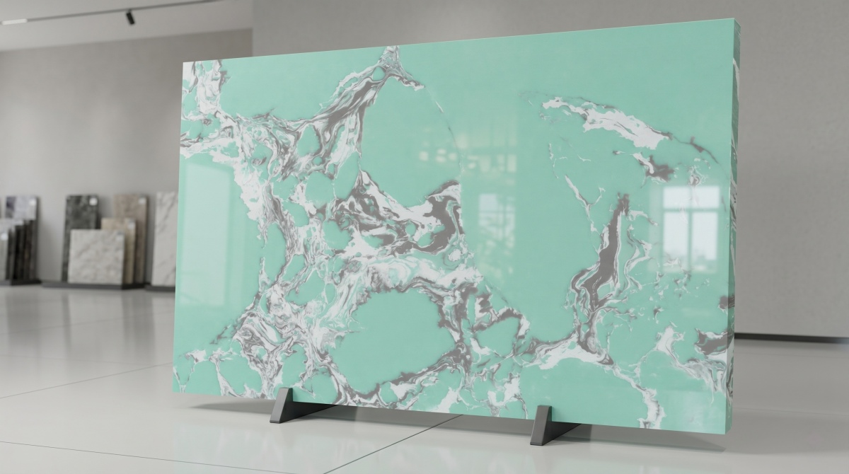 Full slab display of Amazon Green Veined Artificial Marble with polished finish