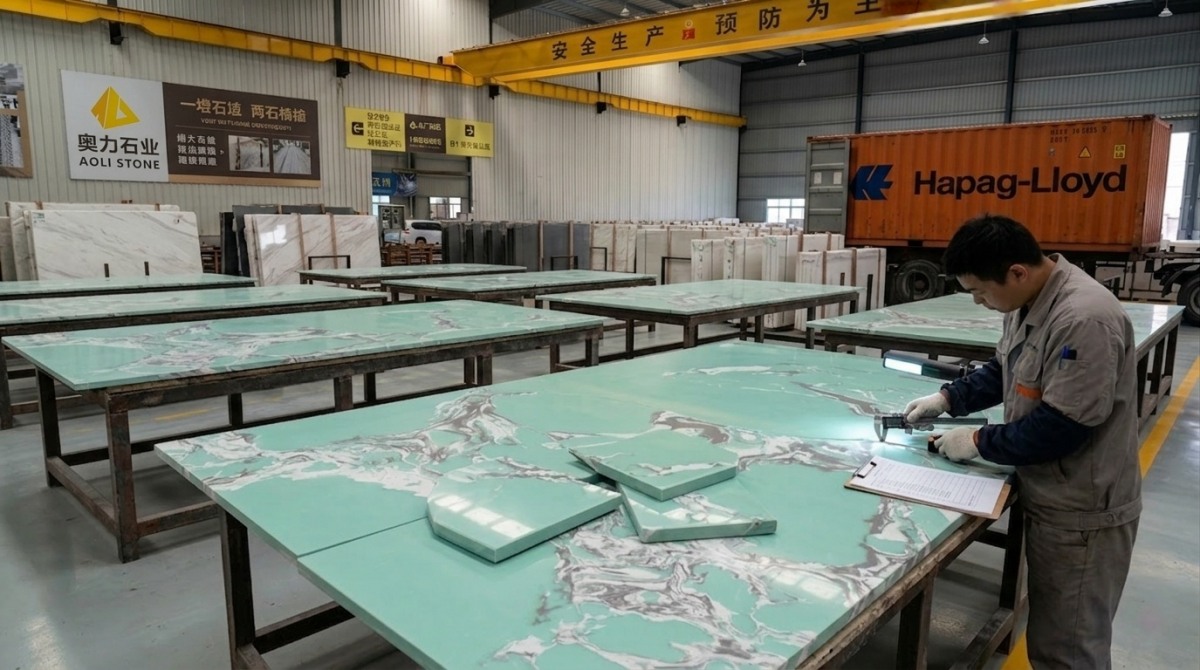 Cut-to-size Amazon Green Veined Artificial Marble panels prepared for interior project use