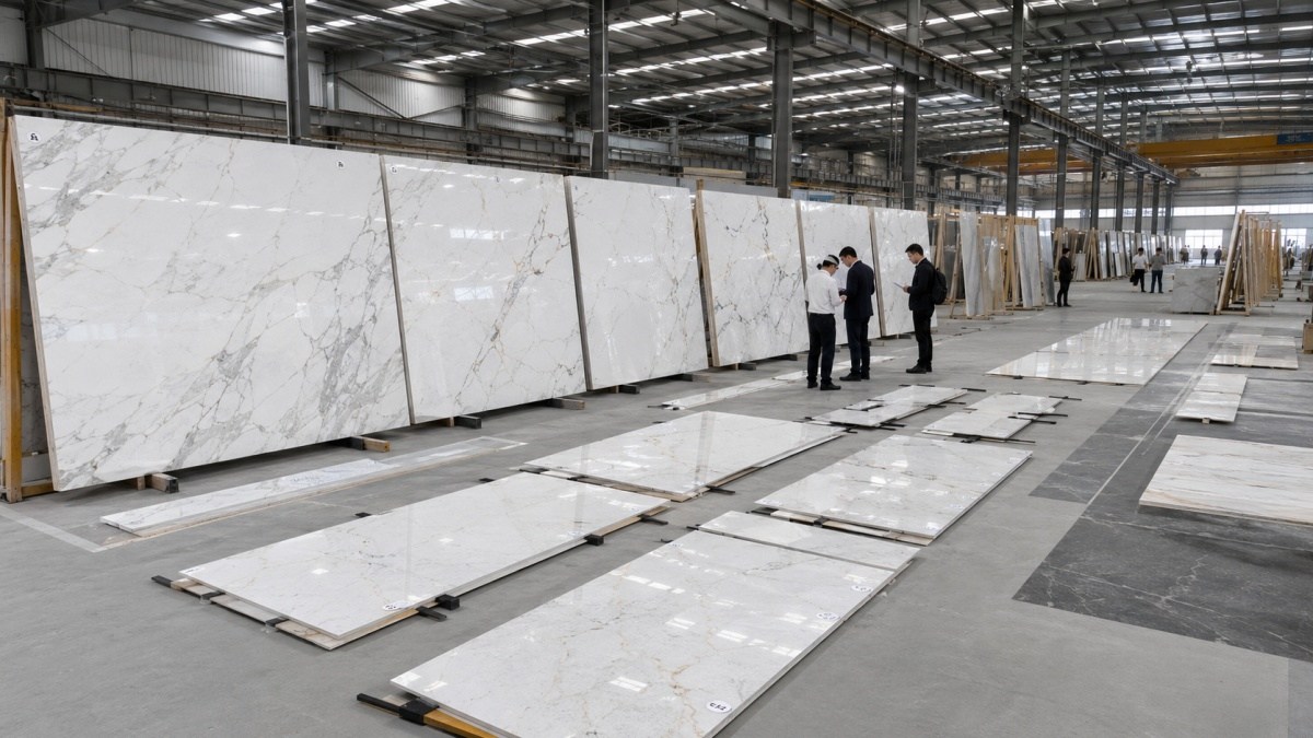 Numbered stone wall panels arranged for dry layout inspection before packing