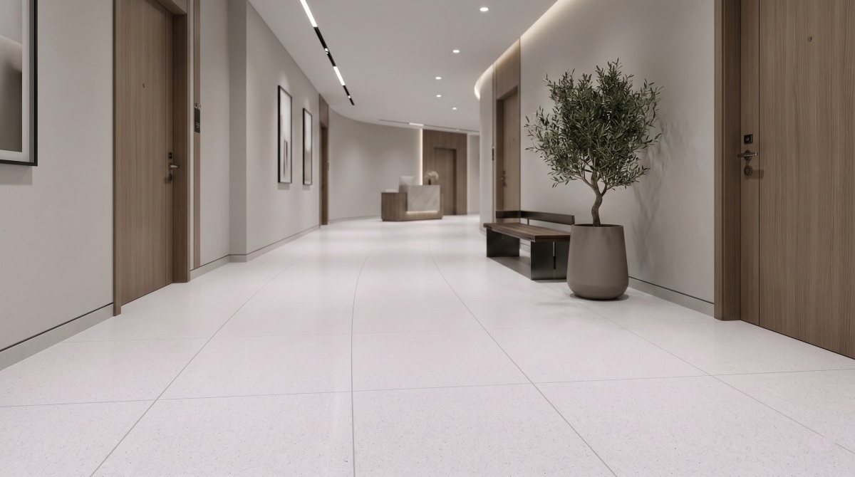 Interior floor tiles using Huaishan White Artificial Marble in a commercial space