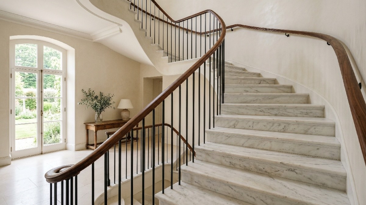 Finished stone staircase with treads risers and clean edge detail