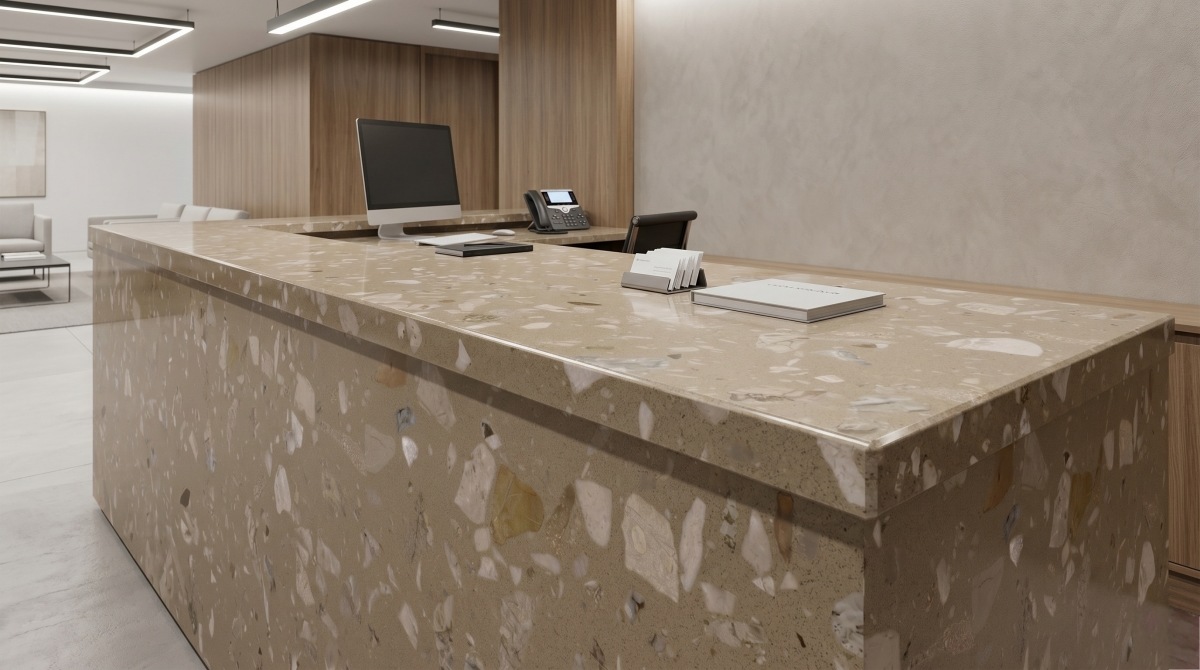 aurora-brown-synthetic-marble-reception-counter Reception counter using warm brown decorative synthetic marble