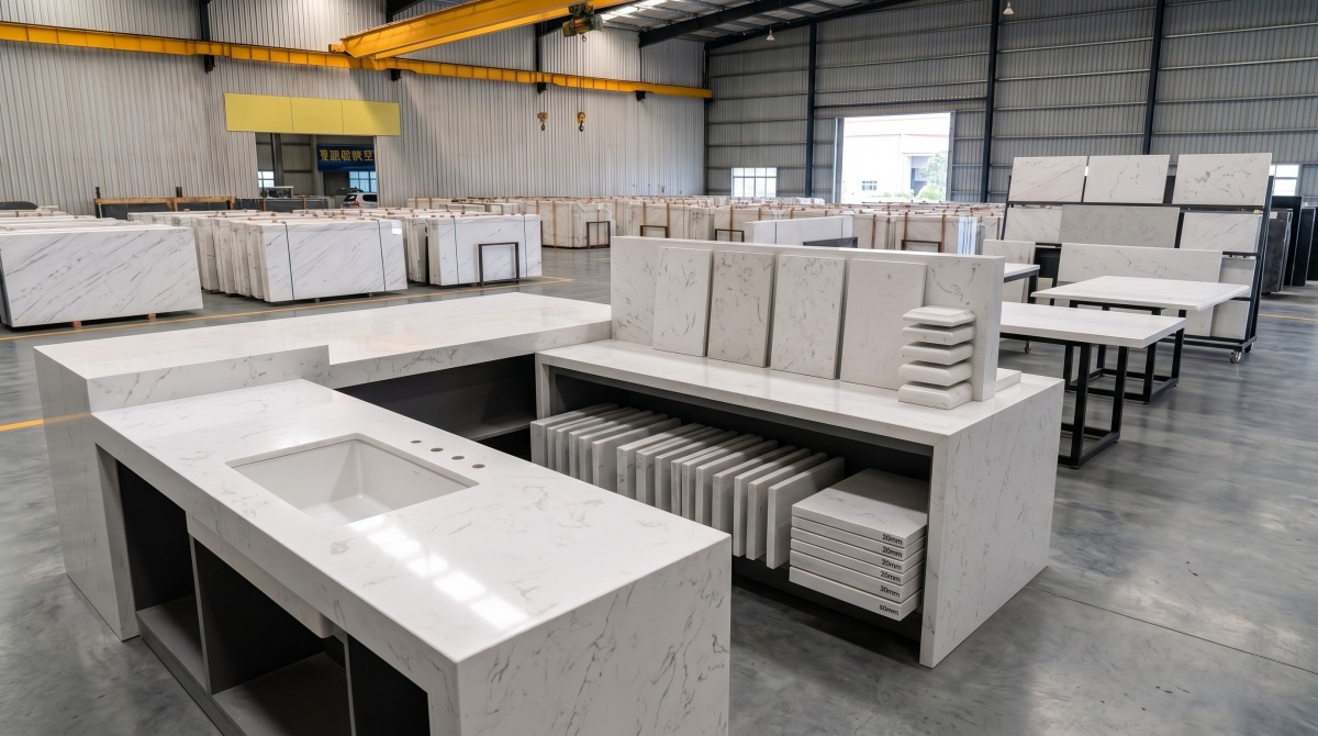 Cut-to-size Alpine White Artificial Marble panels for project supply