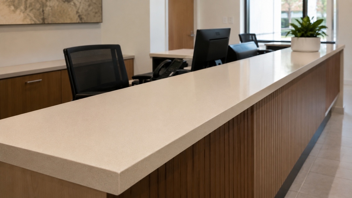 Fine grain beige artificial stone counter surface detail