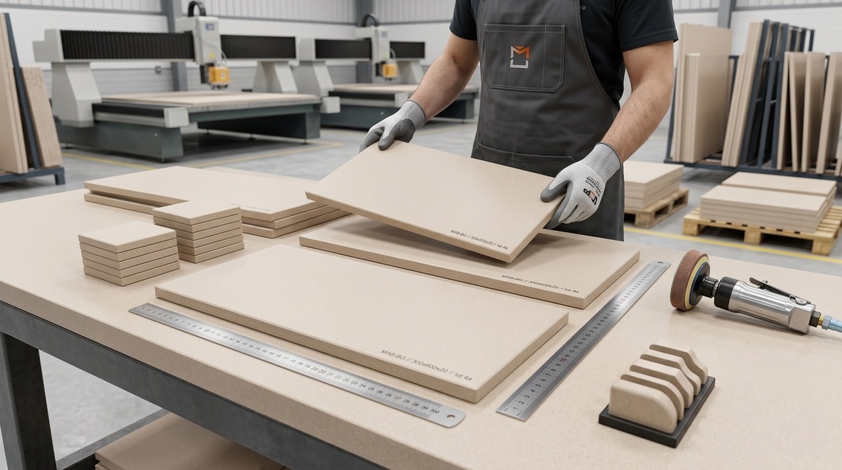 Cut-to-size beige artificial stone sheet with polished edge detail