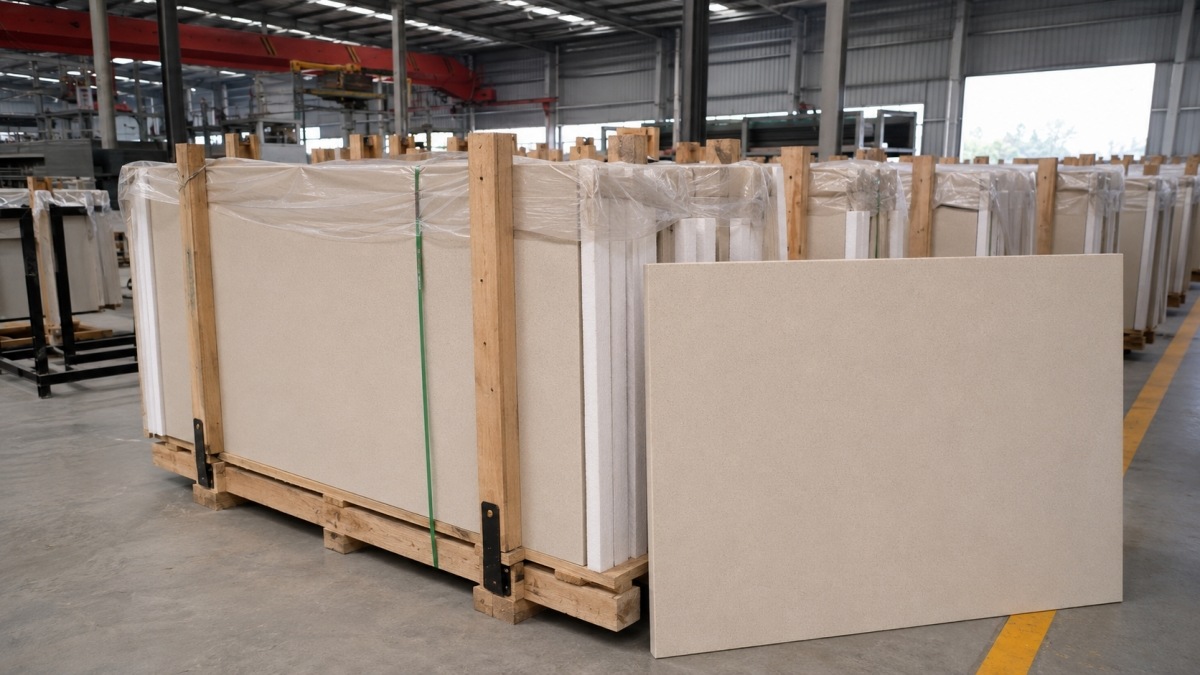 Beige artificial stone sheet inspection before export packing