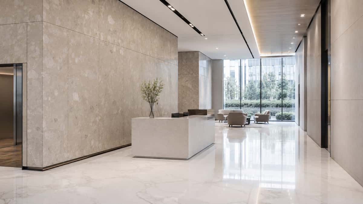 Artificial marble wall and floor panels prepared for commercial lobby project