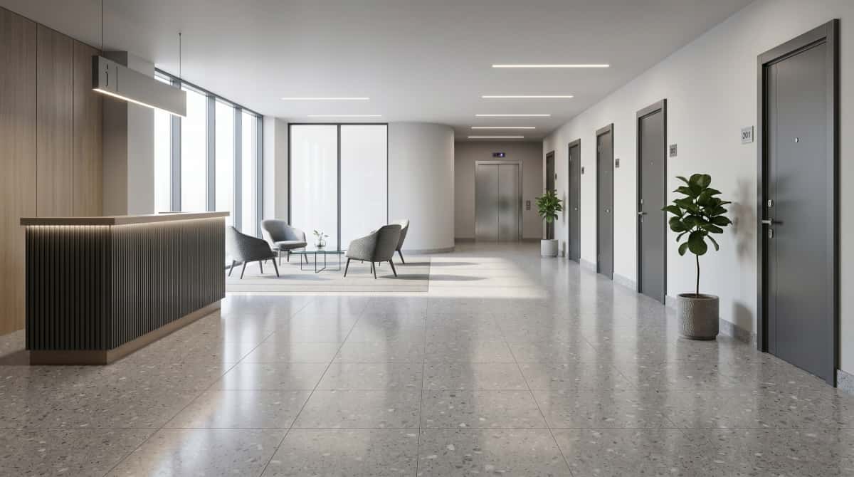 Terrazzo stone samples reviewed for apartment lobby and corridor areas