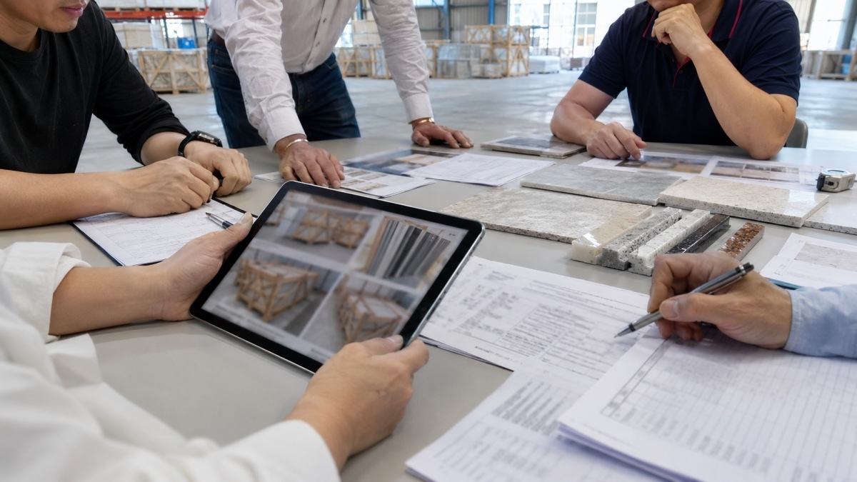 Stone supplier team reviewing export packing details before shipment