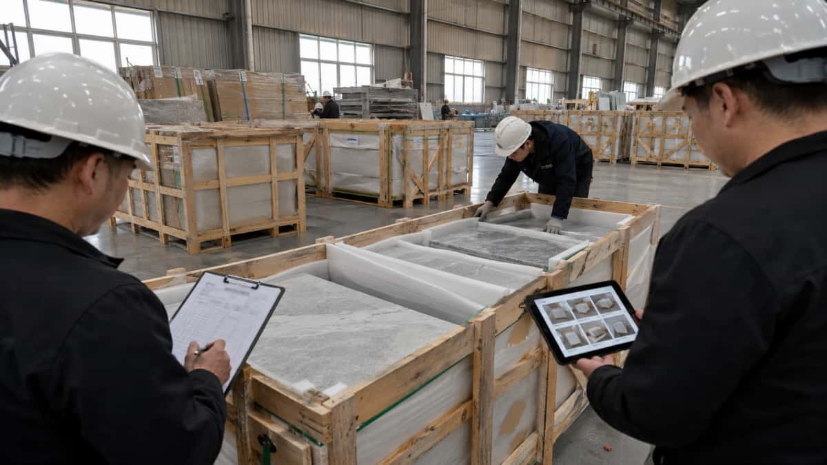Stone crates arrival inspection with packing list labels and photos before installation