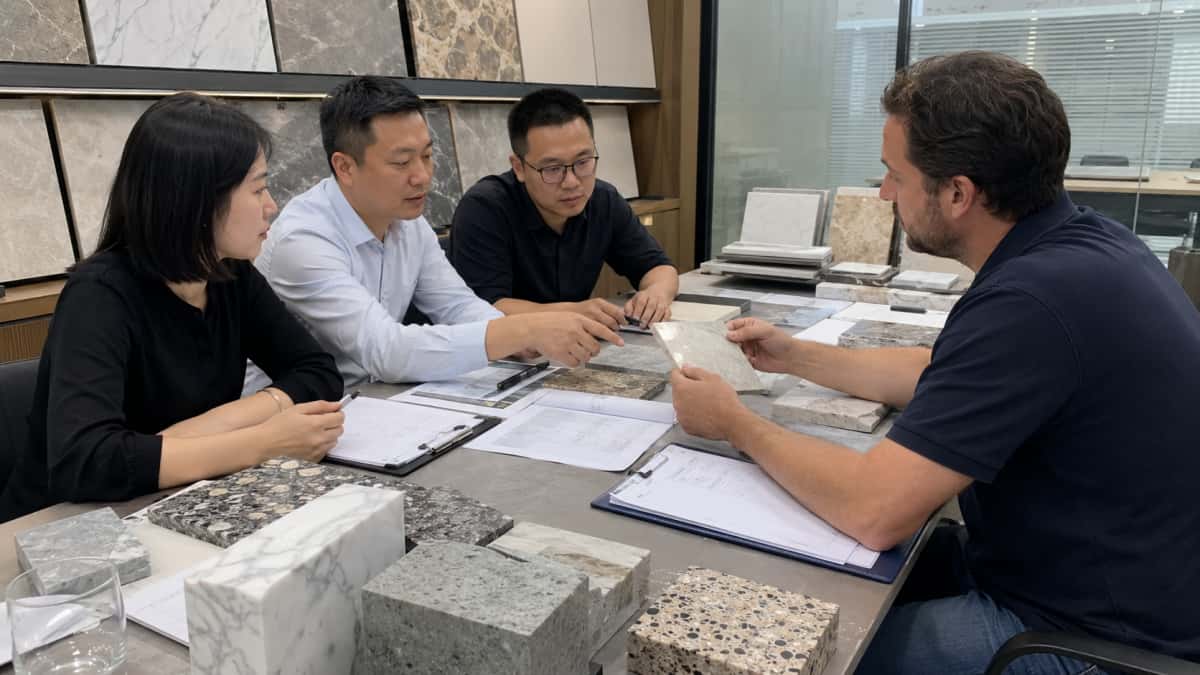 Stone supplier and international buyer reviewing order details with samples and documents