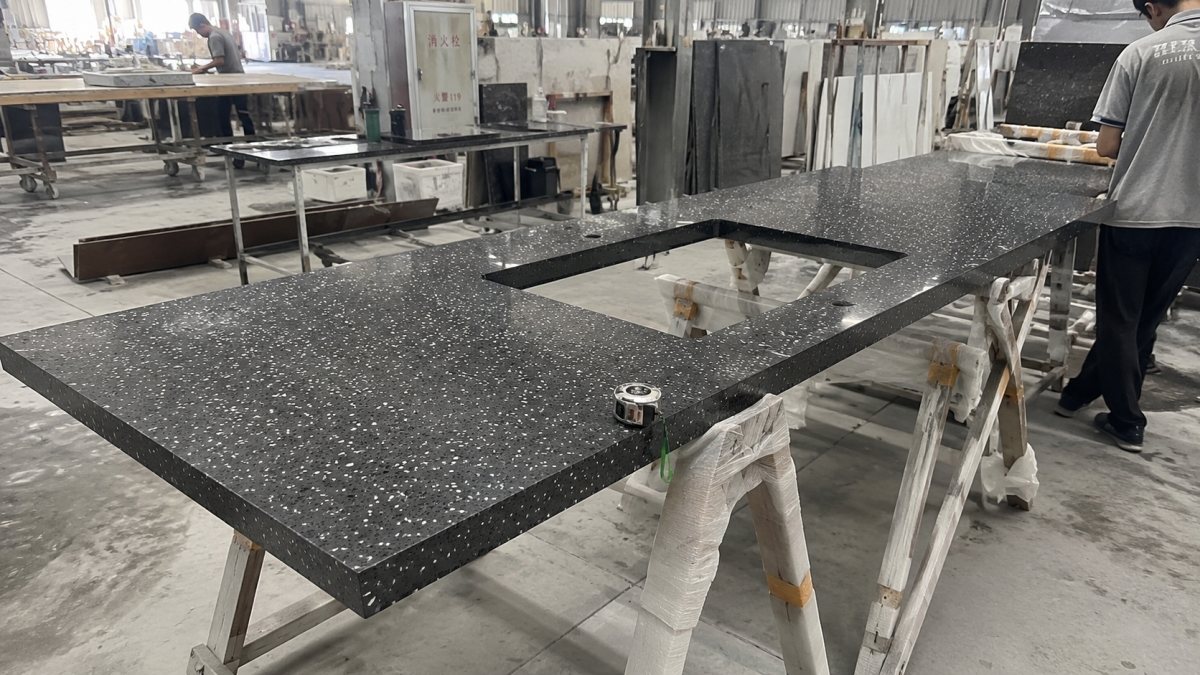 Charcoal Chip Grey Commercial artificial marble countertop fabrication detail