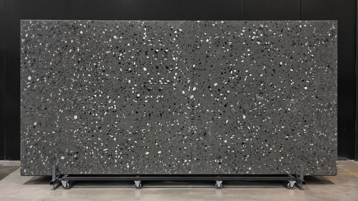 Charcoal Chip Grey Artificial Marble slab with black and white chips