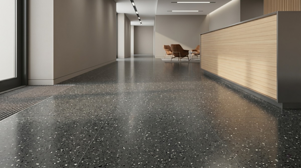 Charcoal grey compressed marble tiles for interior flooring