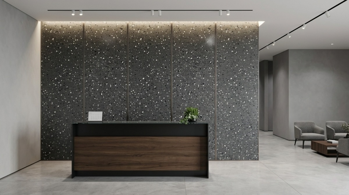Grey chip artificial marble wall panels for commercial interiors