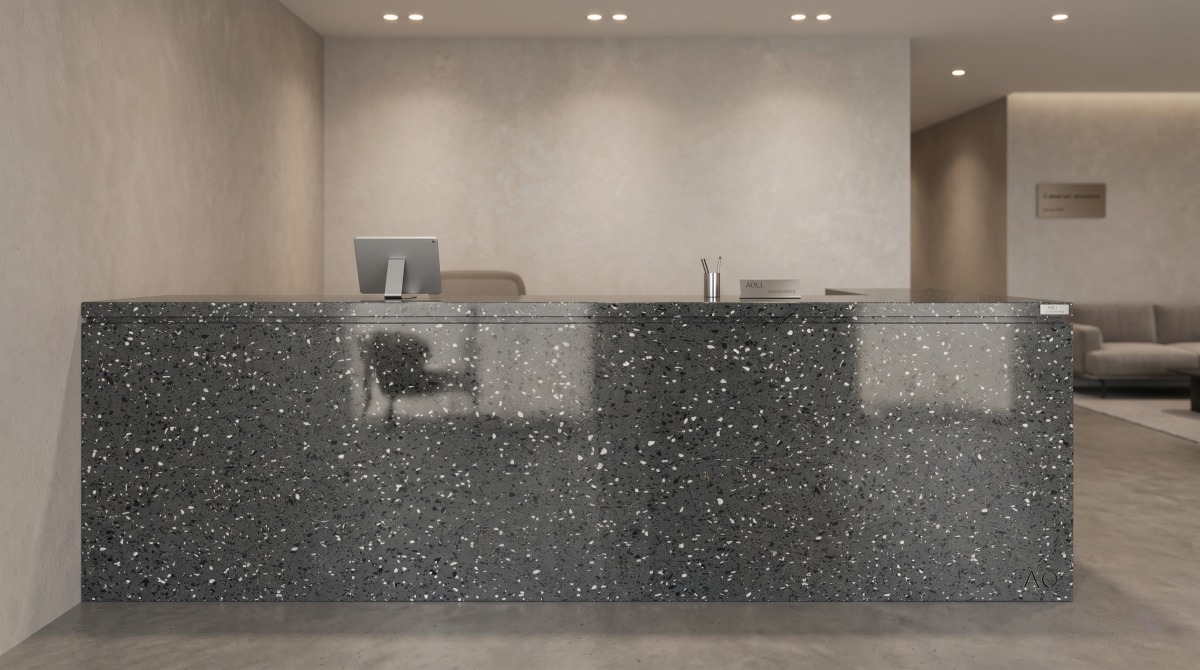Charcoal Chip Grey Artificial Marble reception counter application