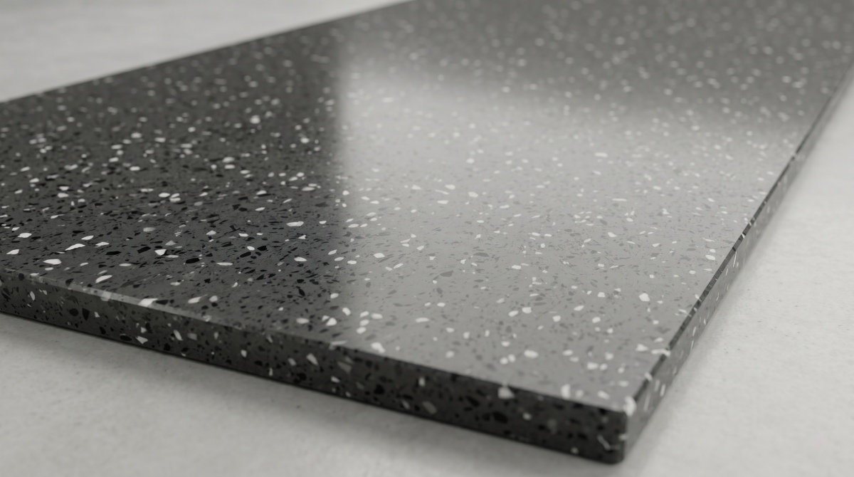 Edge detail of charcoal chip grey artificial marble slab