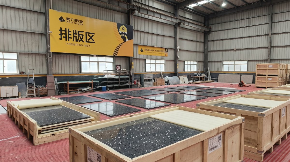 Export packing of charcoal chip grey artificial marble slabs