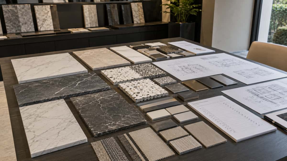 Hotel retail material board showing terrazzo marble quartz and artificial marble options