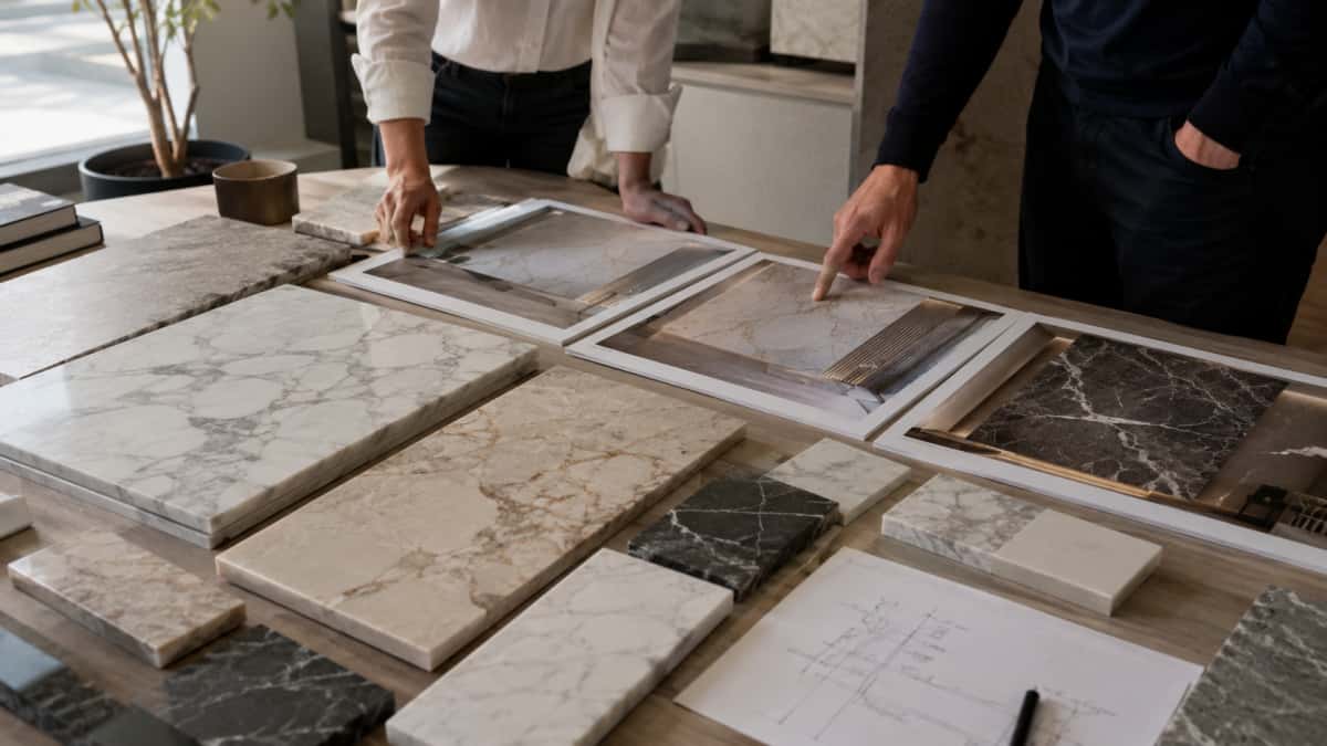 Natural marble samples reviewed for architectural feature wall selection 