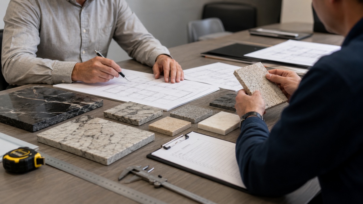 Project buyer reviewing slab and cut-to-size stone options before ordering Project buyer reviewing slab and cut-to-size stone options before ordering