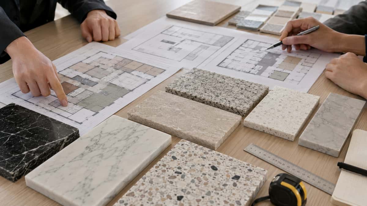 stone-samples-project-area-planning Stone samples and architectural drawings used for project area material planning