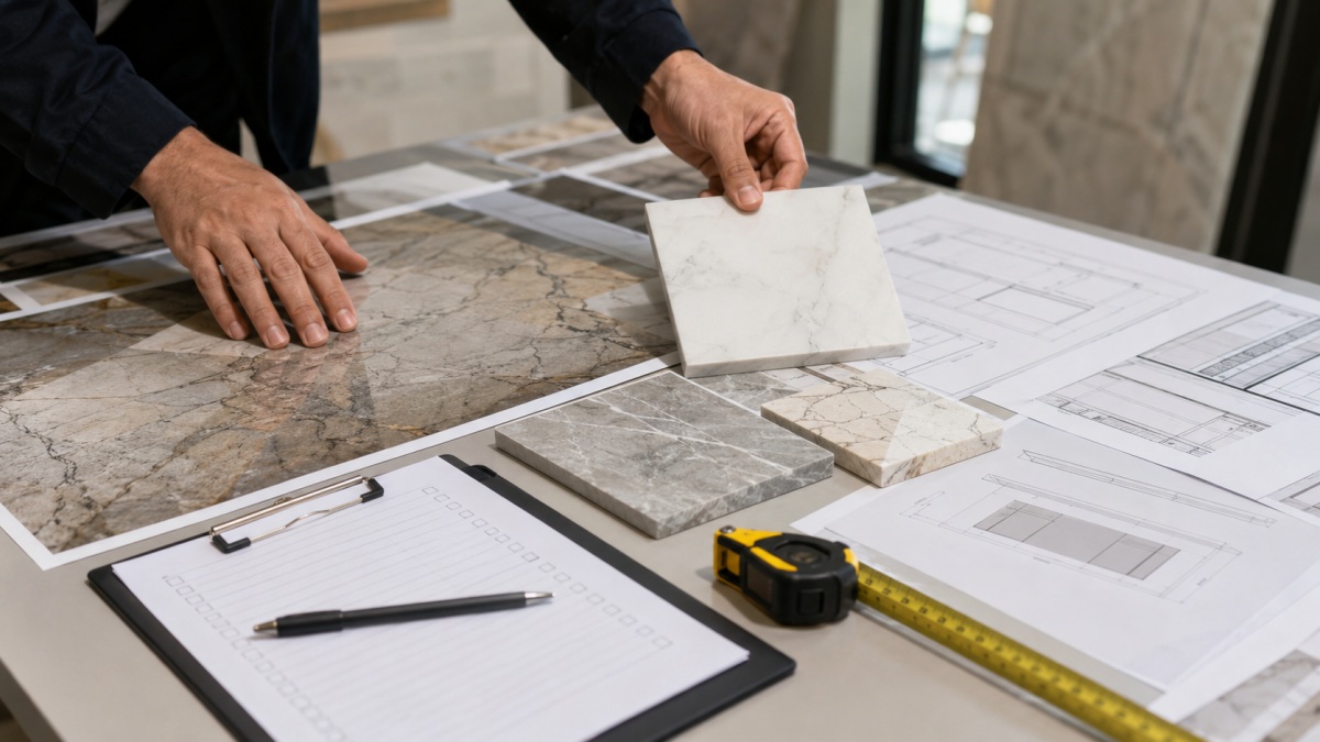 Stone project buyer comparing slabs and cut-to-size stone ordering methods Caption: Ordering stone as slabs or cut-to-size pieces affects cost, fabrication, shipping, installation, and project risk
