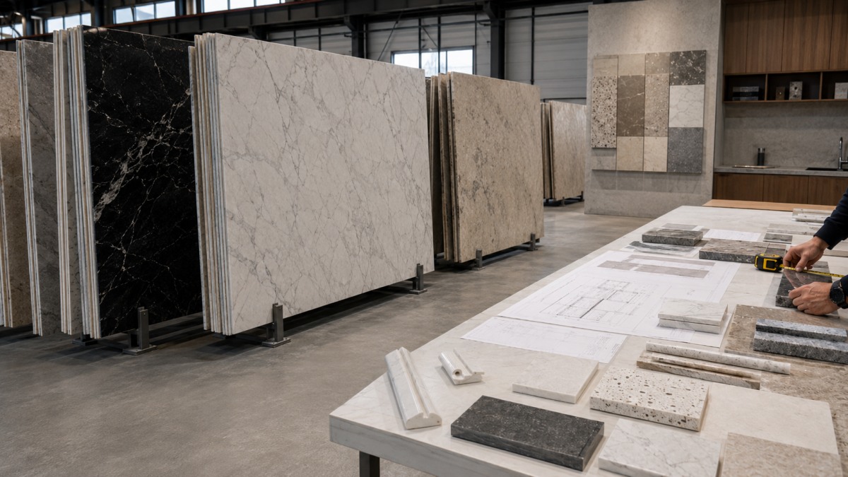 Comparison of full stone slabs and cut-to-size stone pieces for projects Caption: Slabs provide flexibility. Cut-to-size pieces provide project-specific control