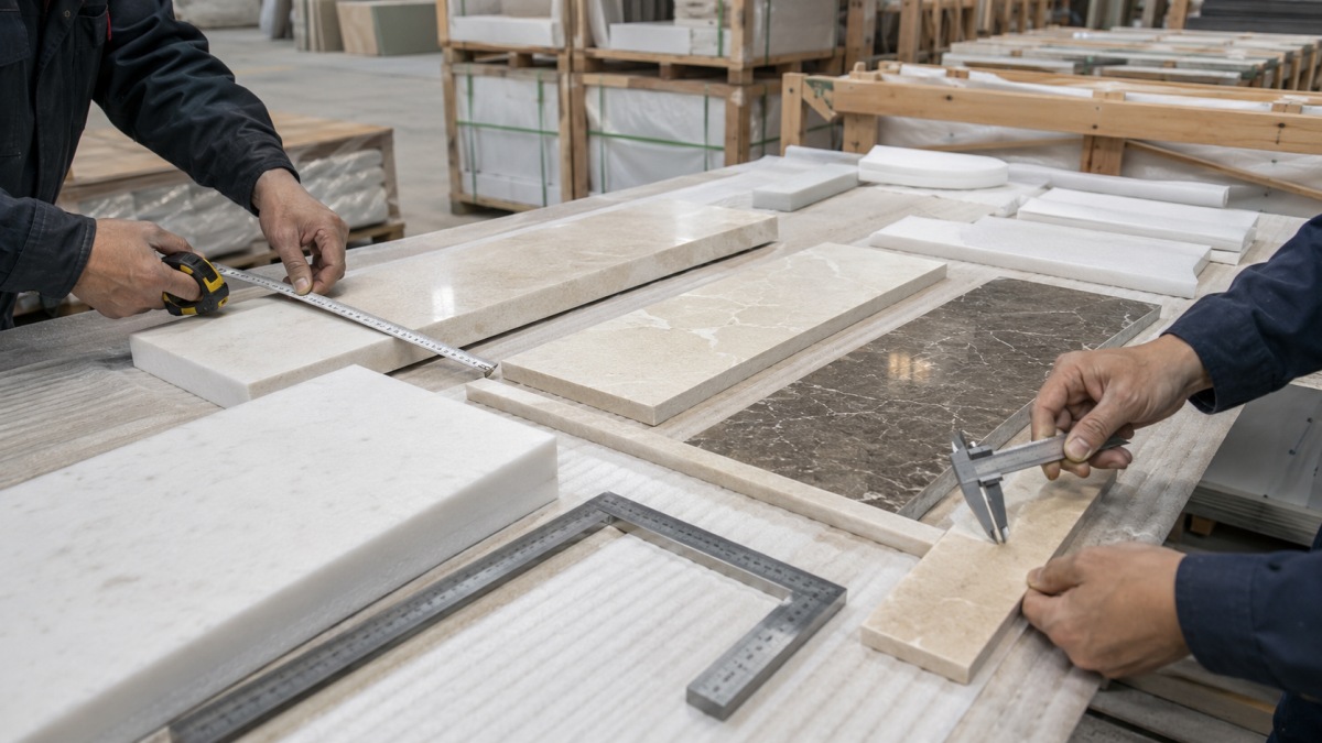 Cut-to-size stone pieces checked and prepared for project packing