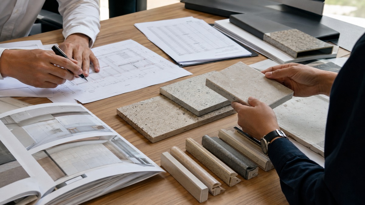 Stone supplier reviewing project drawings samples and cut-to-size details with buyer