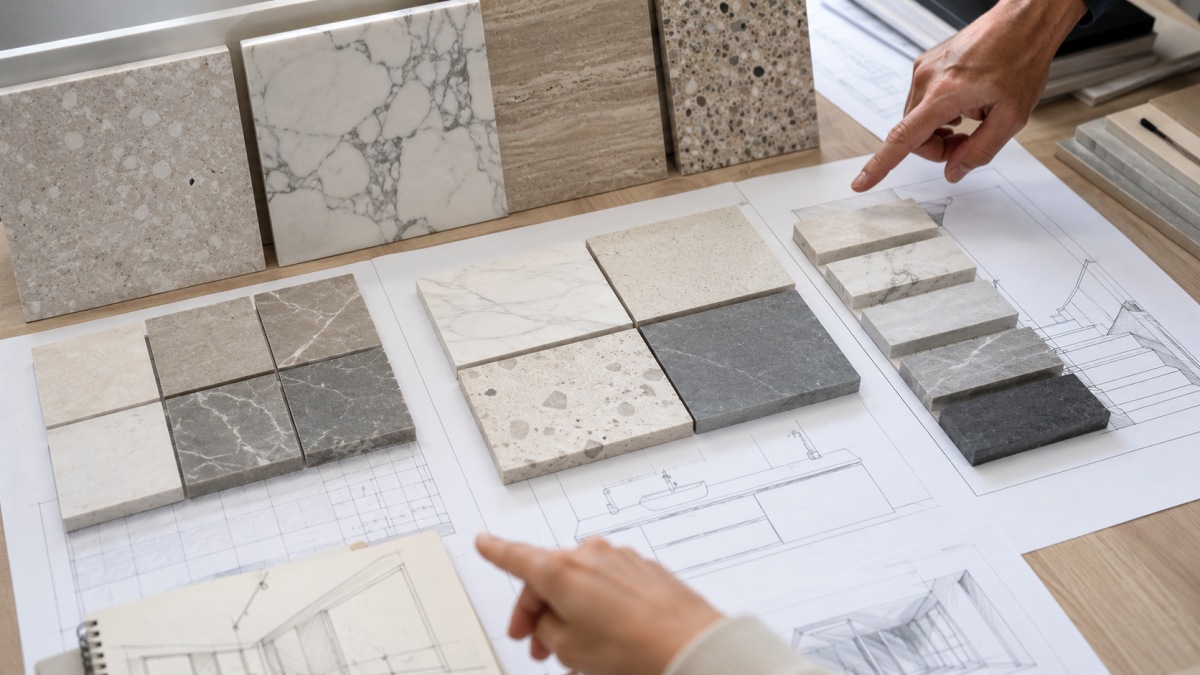 Stone supplier communication review with samples drawings and project notes