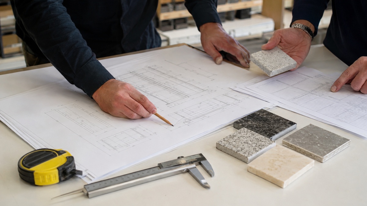 Artificial marble project supply confirmation with samples drawings and commercial flooring planning